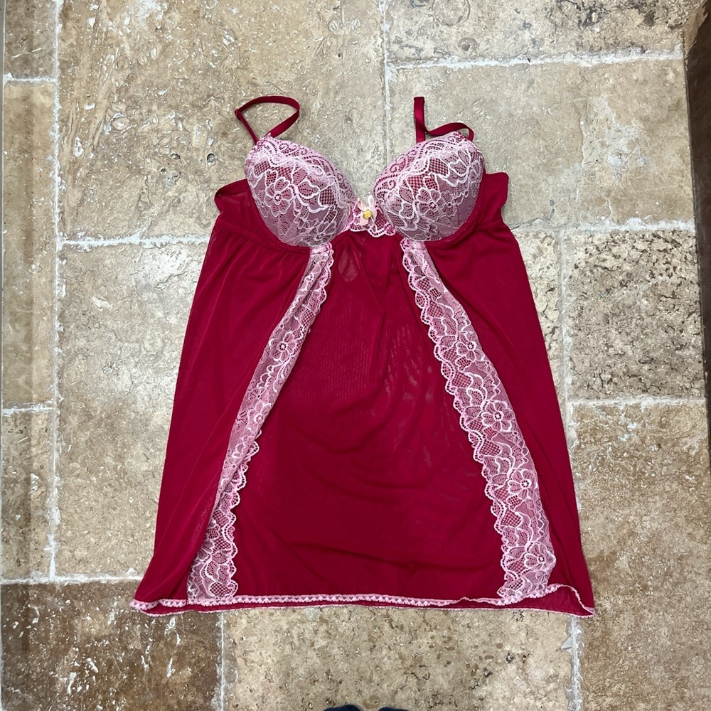 M Jessica Simpson Fuschia Babydoll Slip w/ Baby Pink Lace Accents